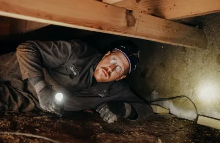 technician inspecting home for termite damage