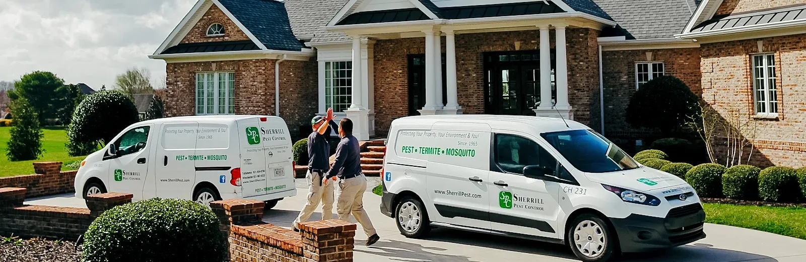 team members high five in front of house